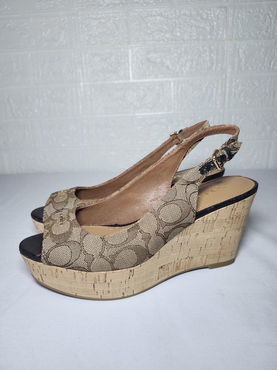 Coach Women's Slingback Wedge Sandals Tan Monogram Size 8 - Picture 2 of 15